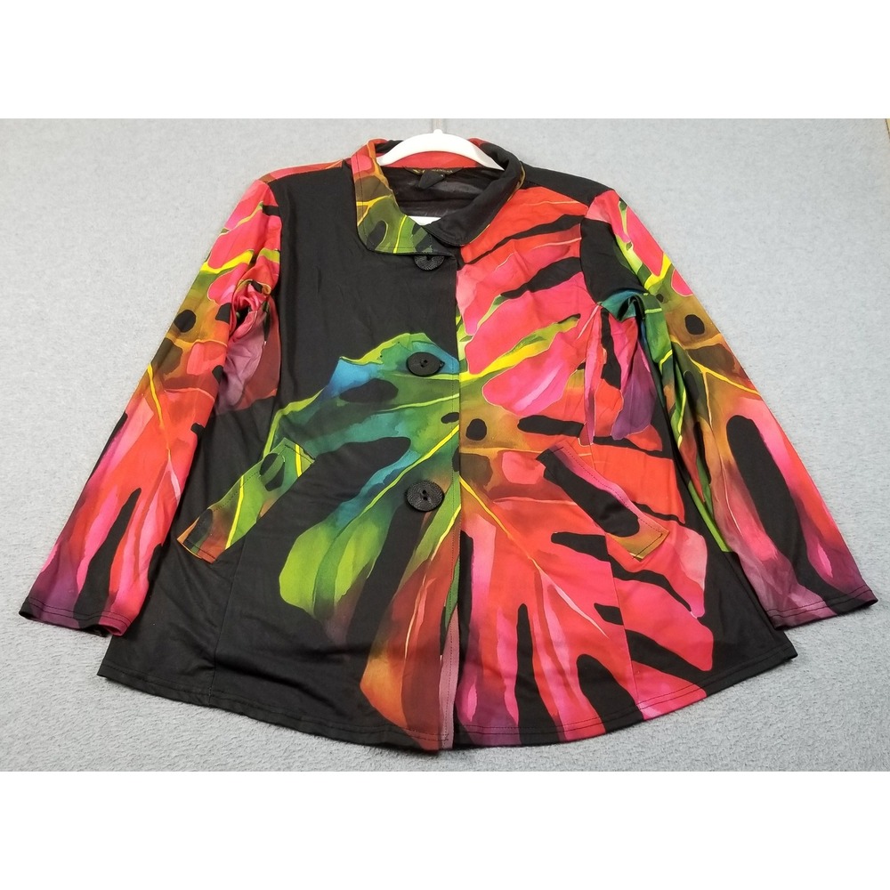 Valentina Jacket Women Medium M Tropical Monstera Leaf Button Up Stretch Pockets